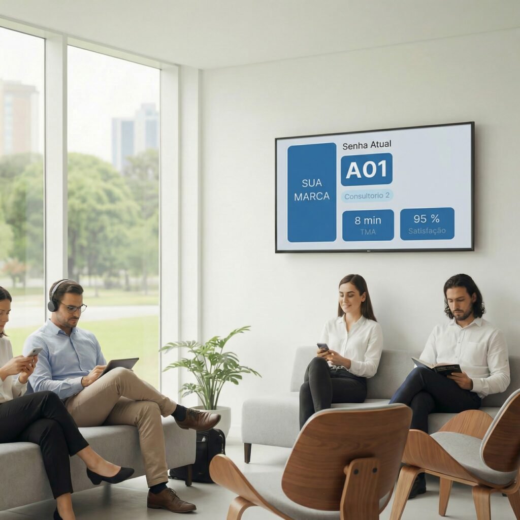 Sala de espera com TV exibindo o painel de senhas da panel4you